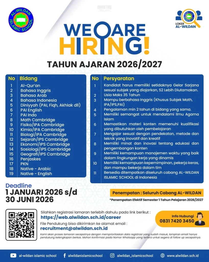 Lowongan Kerja Guru 2026/2027 AL-WILDAN ISLAMIC SCHOOL – Rekrutmen Nasional